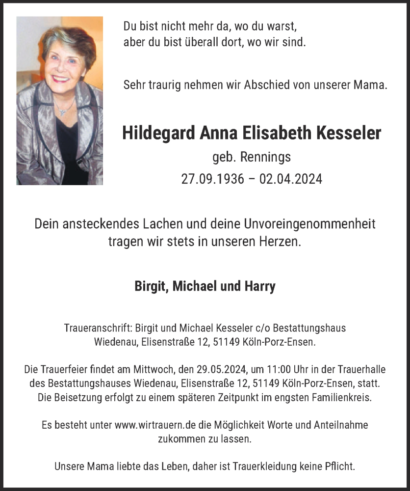  Traueranzeige für Hildegard Anna Elisabeth Kesseler vom 03.05.2024 aus  EXPRESS - Die Woche 