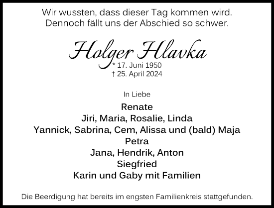Anzeige von Holger Hlavka von Kölner Stadt-Anzeiger / Kölnische Rundschau / Express