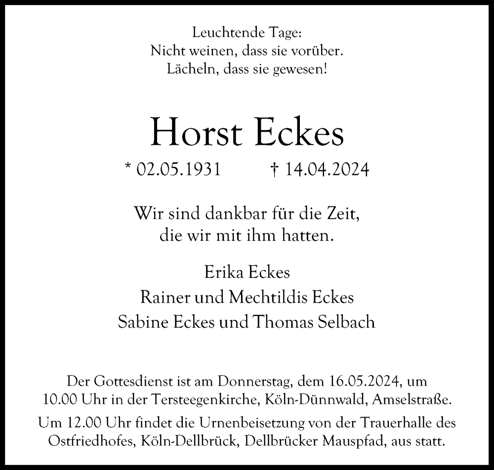  Traueranzeige für Horst Eckes vom 11.05.2024 aus Kölner Stadt-Anzeiger / Kölnische Rundschau / Express
