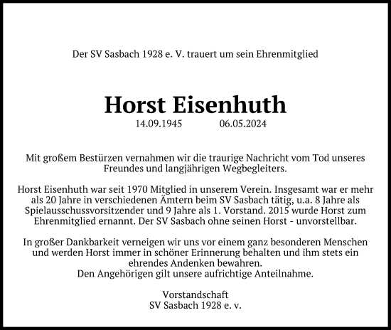 Anzeige von Horst Eisenhuth von Kölner Stadt-Anzeiger / Kölnische Rundschau / Express