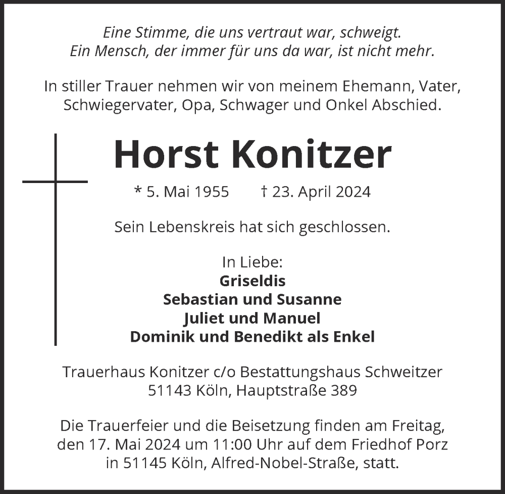  Traueranzeige für Horst Konitzer vom 03.05.2024 aus  EXPRESS - Die Woche 