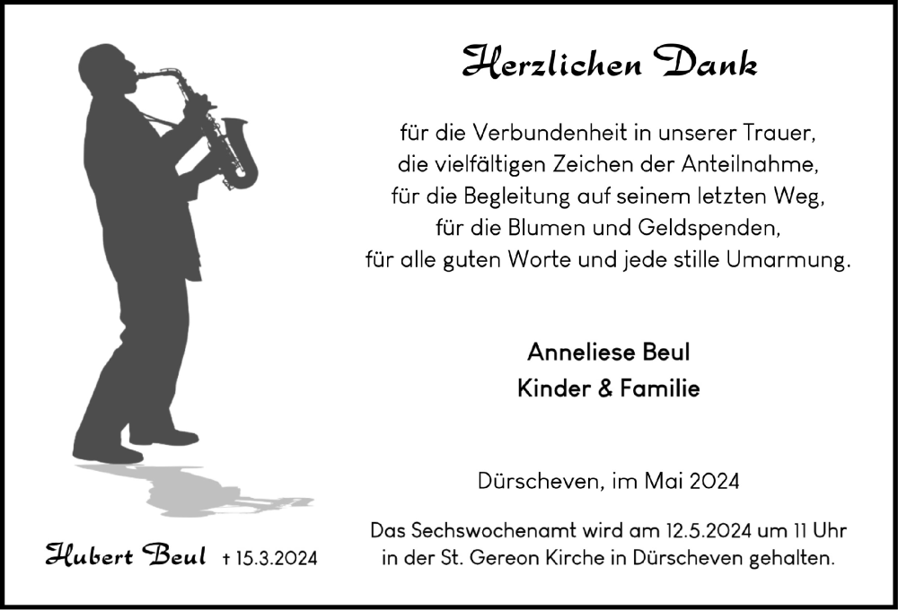  Traueranzeige für Hubert Beul vom 04.05.2024 aus  Blickpunkt Euskirchen 