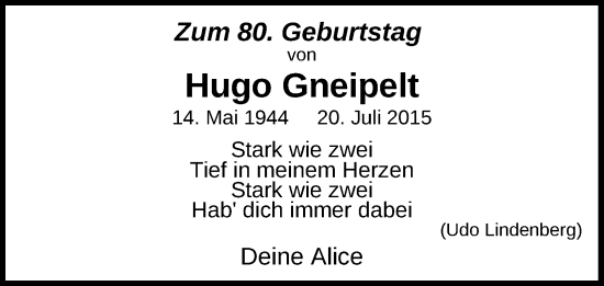 Anzeige von Hugo Gneipelt von Kölner Stadt-Anzeiger / Kölnische Rundschau / Express