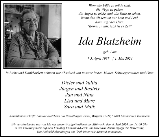 Anzeige von Ida Blatzheim von  Blickpunkt Euskirchen 