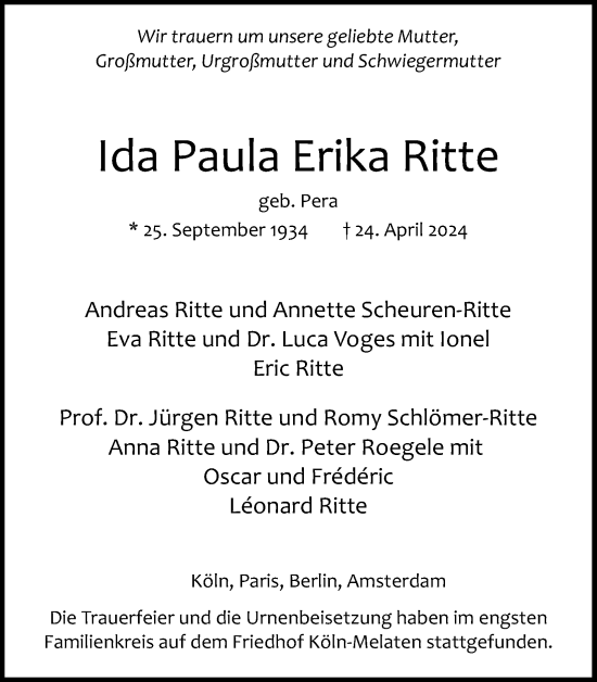 Anzeige von Ida Paula Erika Ritte von Kölner Stadt-Anzeiger / Kölnische Rundschau / Express