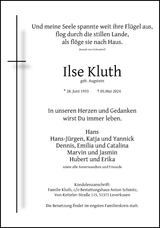 Anzeige von Ilse Kluth von Kölner Stadt-Anzeiger / Kölnische Rundschau / Express