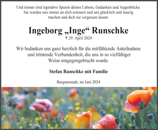Anzeige von Ingeborg Runschke von  Anzeigen Echo 