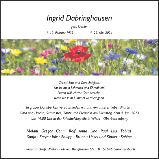 Anzeige von Ingrid Dabringhausen von Kölner Stadt-Anzeiger / Kölnische Rundschau / Express