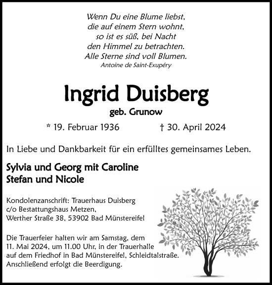 Anzeige von Ingrid Duisberg von Kölner Stadt-Anzeiger / Kölnische Rundschau / Express