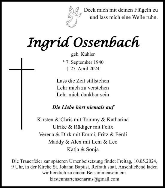 Anzeige von Ingrid Ossenbach von Kölner Stadt-Anzeiger / Kölnische Rundschau / Express