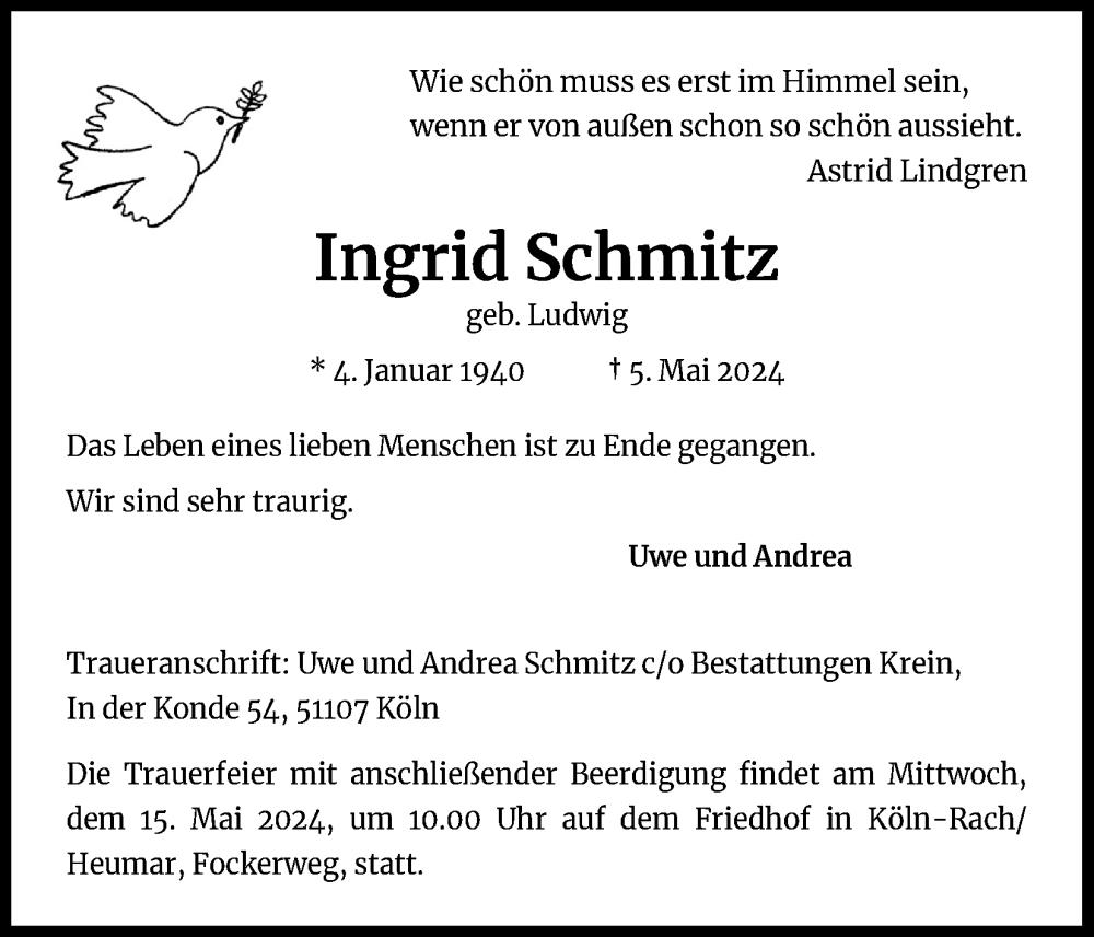  Traueranzeige für Ingrid Schmitz vom 11.05.2024 aus Kölner Stadt-Anzeiger / Kölnische Rundschau / Express