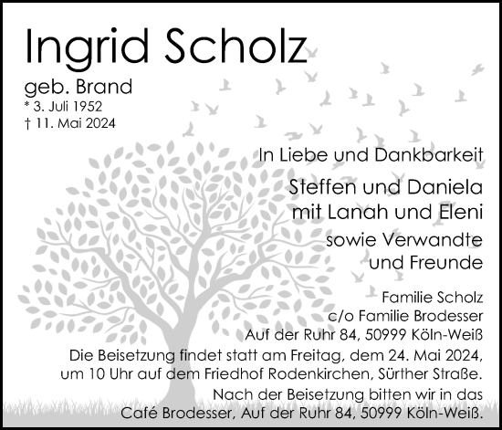 Anzeige von Ingrid Scholz von Kölner Stadt-Anzeiger / Kölnische Rundschau / Express