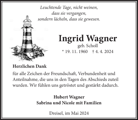 Anzeige von Ingrid Wagner von  Lokalanzeiger 