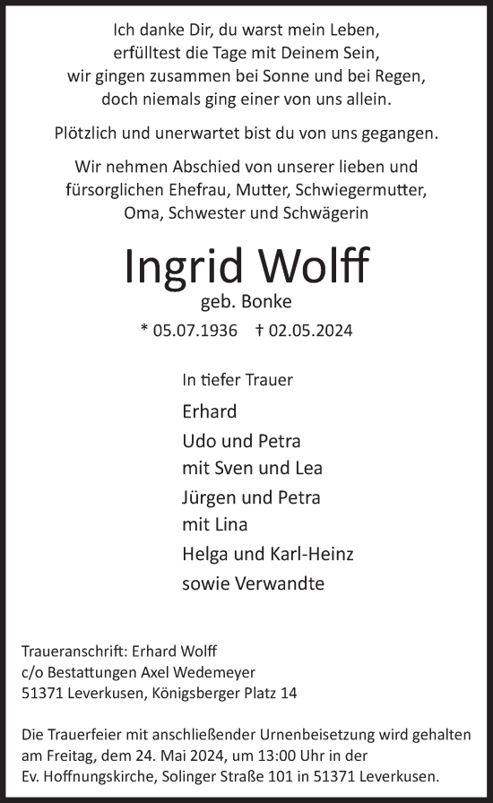 Anzeige von Ingrid Wolff von  Lokale Informationen 