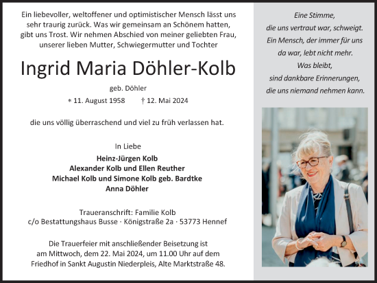 Anzeige von Ingrid Maria Döhler-Kolb von Kölner Stadt-Anzeiger / Kölnische Rundschau / Express