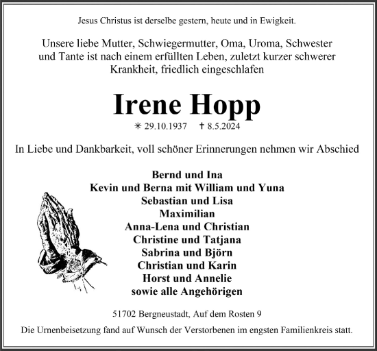 Anzeige von Irene Hopp von  Anzeigen Echo 