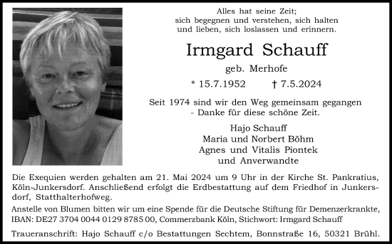 Anzeige von Irmgard Schauff von Kölner Stadt-Anzeiger / Kölnische Rundschau / Express