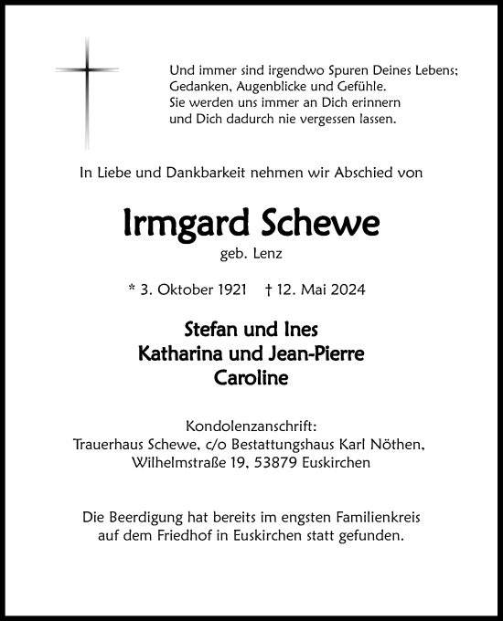 Anzeige von Irmgard Schewe von Kölner Stadt-Anzeiger / Kölnische Rundschau / Express