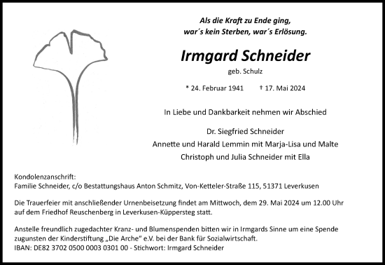Anzeige von Irmgard Schneider von Kölner Stadt-Anzeiger / Kölnische Rundschau / Express