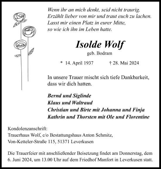 Anzeige von Isolde Wolf von Kölner Stadt-Anzeiger / Kölnische Rundschau / Express