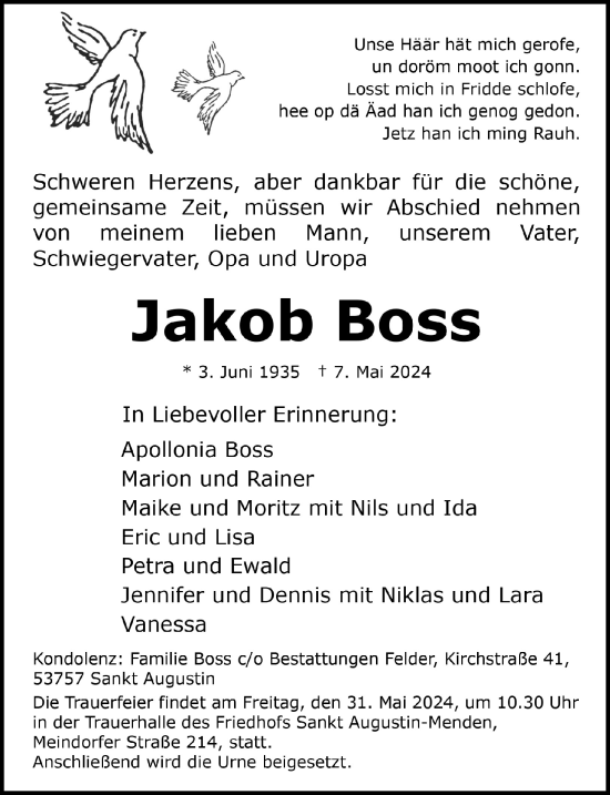 Anzeige von Jakob Boss von  Extra Blatt 