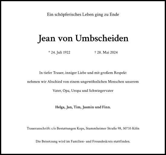 Anzeige von Jean von Umbscheiden von Kölner Stadt-Anzeiger / Kölnische Rundschau / Express