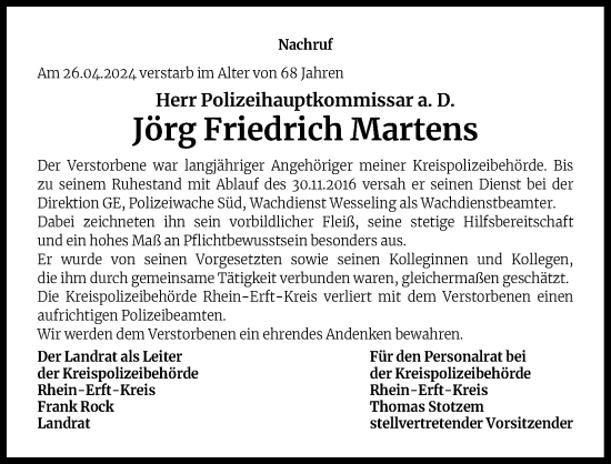 Anzeige von Jörg Friedrich Martens von Kölner Stadt-Anzeiger / Kölnische Rundschau / Express