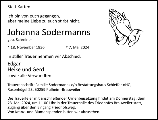 Anzeige von Johanna Sodermanns von Kölner Stadt-Anzeiger / Kölnische Rundschau / Express