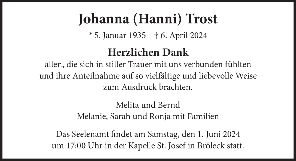  Traueranzeige für Johanna Trost vom 31.05.2024 aus  Extra Blatt 