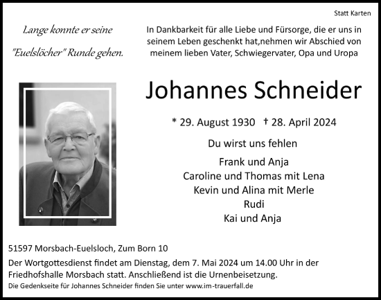 Anzeige von Johannes Schneider von  Lokalanzeiger 