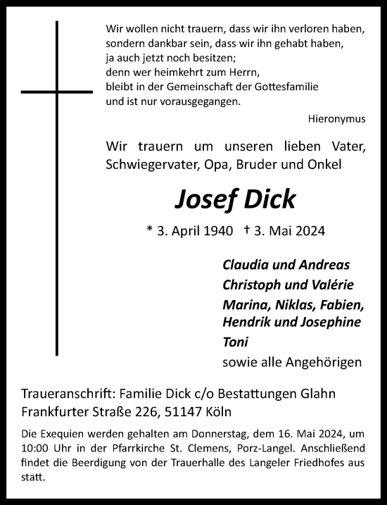 Anzeige von Josef Dick von  EXPRESS - Die Woche 