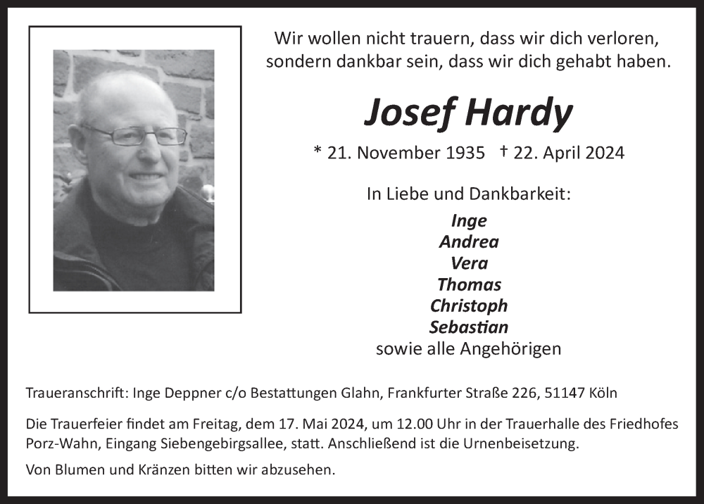  Traueranzeige für Josef Hardy vom 03.05.2024 aus  EXPRESS - Die Woche 