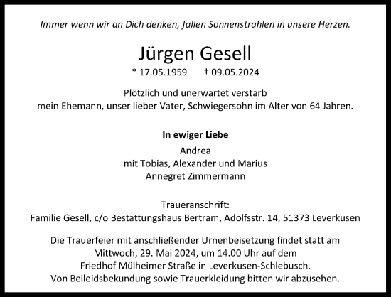 Anzeige von Jürgen Gesell von Kölner Stadt-Anzeiger / Kölnische Rundschau / Express