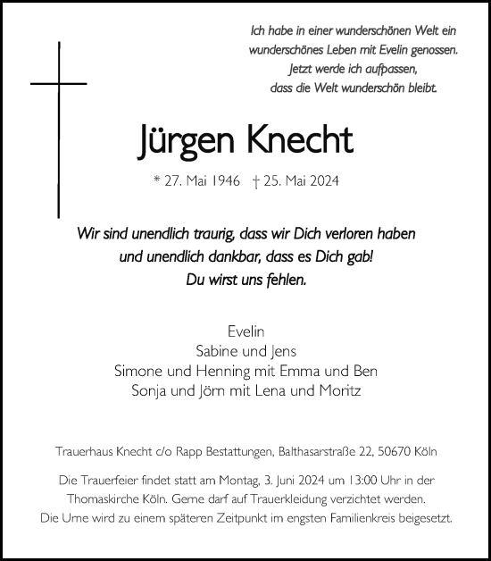 Anzeige von Jürgen Knecht von Kölner Stadt-Anzeiger / Kölnische Rundschau / Express