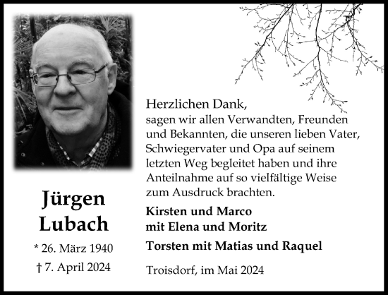 Anzeige von Jürgen Lubach von Kölner Stadt-Anzeiger / Kölnische Rundschau / Express