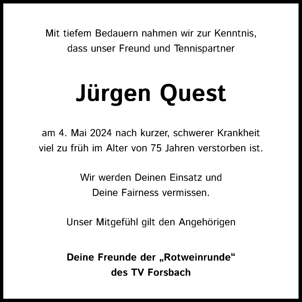  Traueranzeige für Jürgen Quest vom 11.05.2024 aus Kölner Stadt-Anzeiger / Kölnische Rundschau / Express