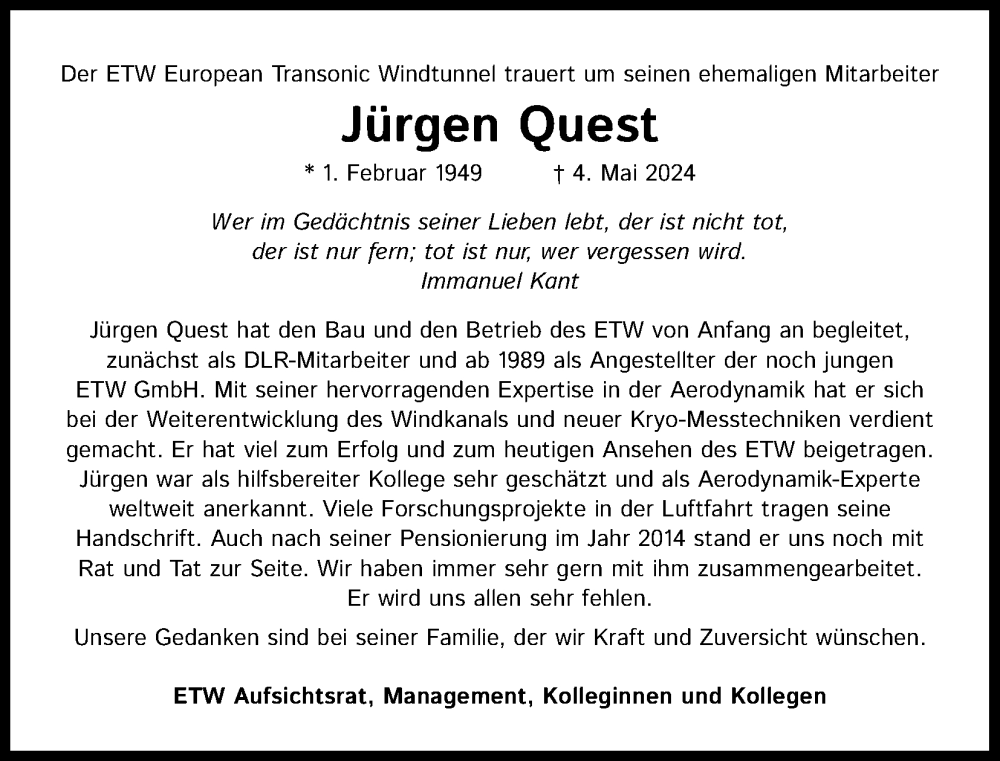  Traueranzeige für Jürgen Quest vom 18.05.2024 aus Kölner Stadt-Anzeiger / Kölnische Rundschau / Express