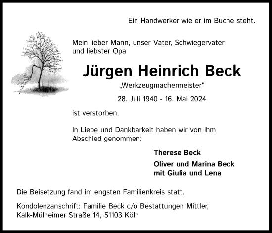 Anzeige von Jürgen Heinrich Beck von Kölner Stadt-Anzeiger / Kölnische Rundschau / Express