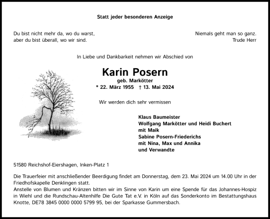 Anzeige von Karin Posern von Kölner Stadt-Anzeiger / Kölnische Rundschau / Express