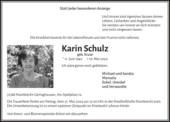 Anzeige von Karin Schulz von  Lokalanzeiger 