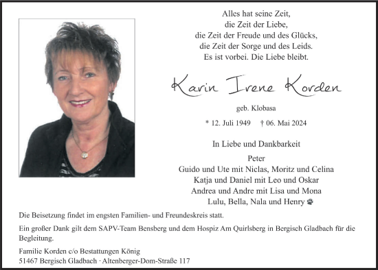 Anzeige von Karin Irene Korden von  Bergisches Handelsblatt 