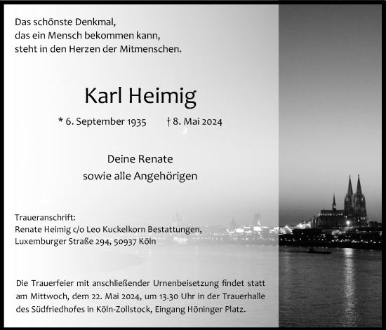 Anzeige von Karl Heimig von Kölner Stadt-Anzeiger / Kölnische Rundschau / Express