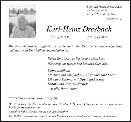 Anzeige von Karl-Heinz Dresbach von  Anzeigen Echo 