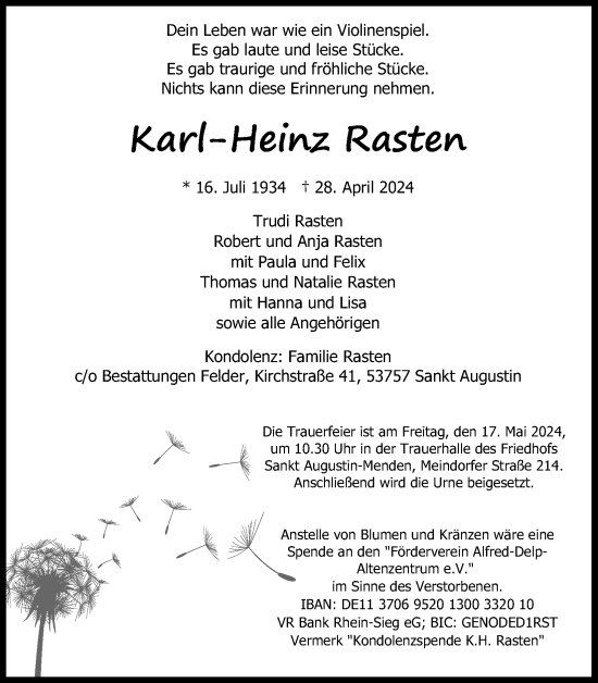 Anzeige von Karl-Heinz Rasten von Kölner Stadt-Anzeiger / Kölnische Rundschau / Express