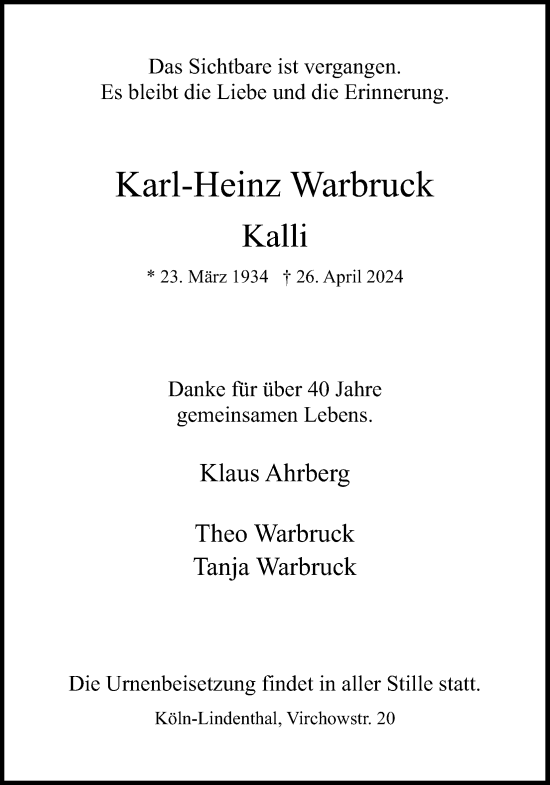 Anzeige von Karl-Heinz Warbruck von Kölner Stadt-Anzeiger / Kölnische Rundschau / Express