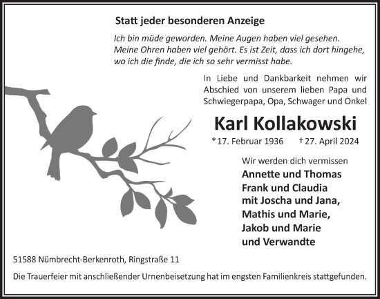 Anzeige von Karl Kollakowski von  Lokalanzeiger 