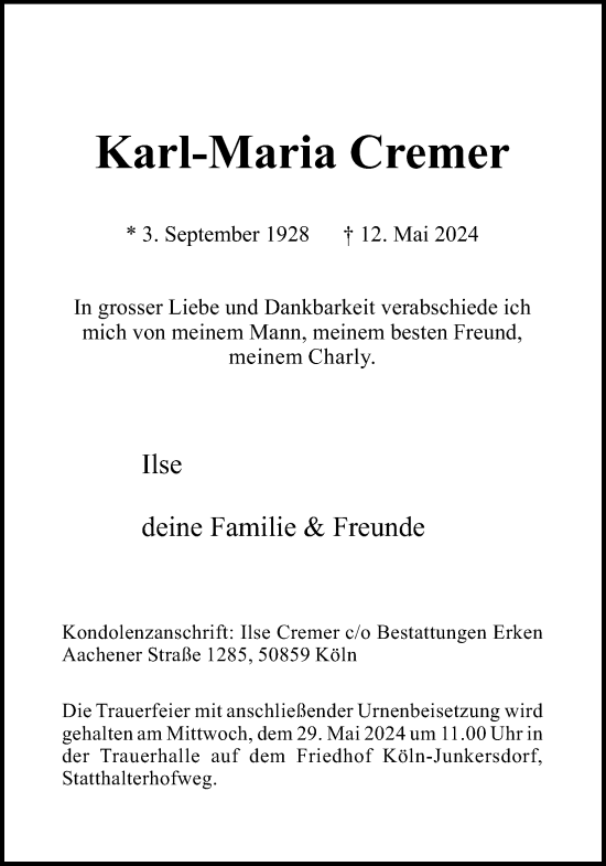 Anzeige von Karl-Maria Cremer von Kölner Stadt-Anzeiger / Kölnische Rundschau / Express