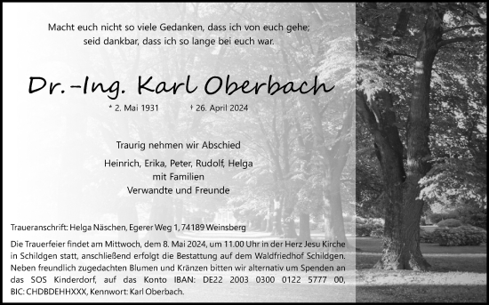 Anzeige von Karl Oberbach von Kölner Stadt-Anzeiger / Kölnische Rundschau / Express