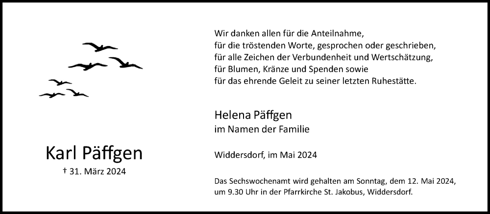  Traueranzeige für Karl Päffgen vom 04.05.2024 aus Kölner Stadt-Anzeiger / Kölnische Rundschau / Express