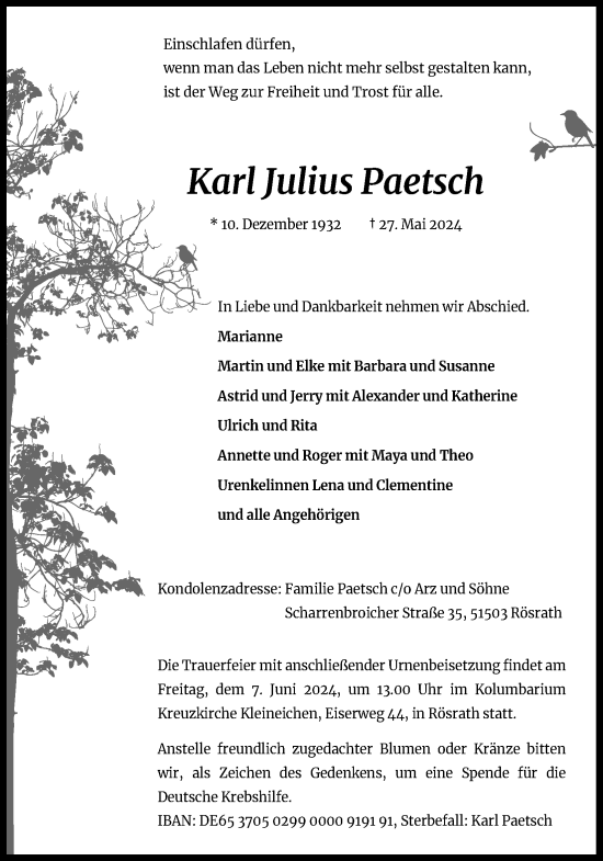 Anzeige von Karl Julius Paetsch von Kölner Stadt-Anzeiger / Kölnische Rundschau / Express